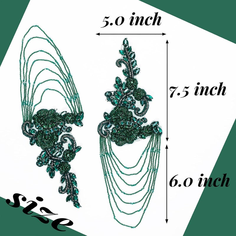 amusediy Green Pair Beaded Rhinestones Applique Embellishment for Clothes,Epaulettes Shoulder Patches Sew-on Diamond Sequin Applique for Wedding Dress DIY Accessories - Image 3